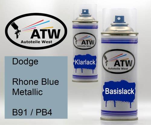 Dodge, Rhone Blue Metallic, B91 / PB4: 400ml Sprühdose + 400ml Klarlack - Set, von ATW Autoteile West.